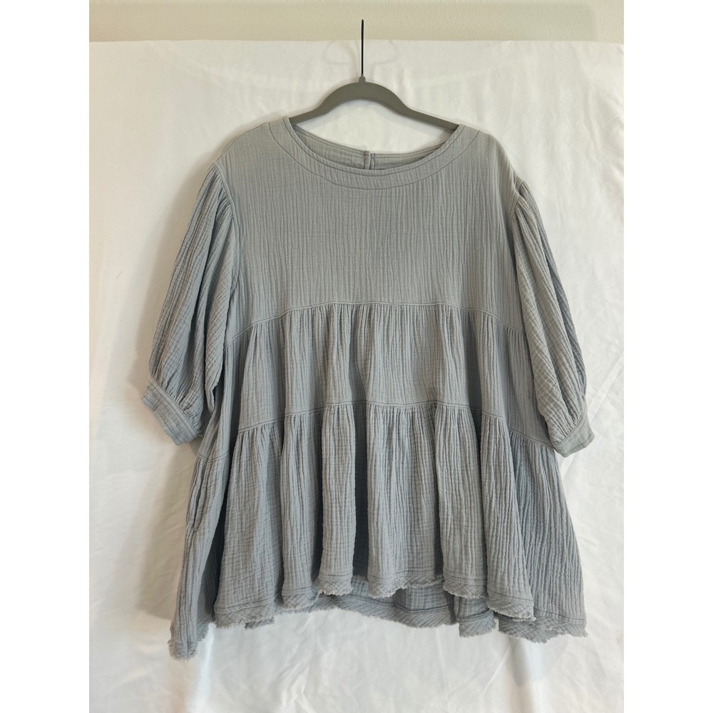 By Together Light Blue Grey Gauze Tiered Babydoll Top Puff Sleeve Boho Small NWT